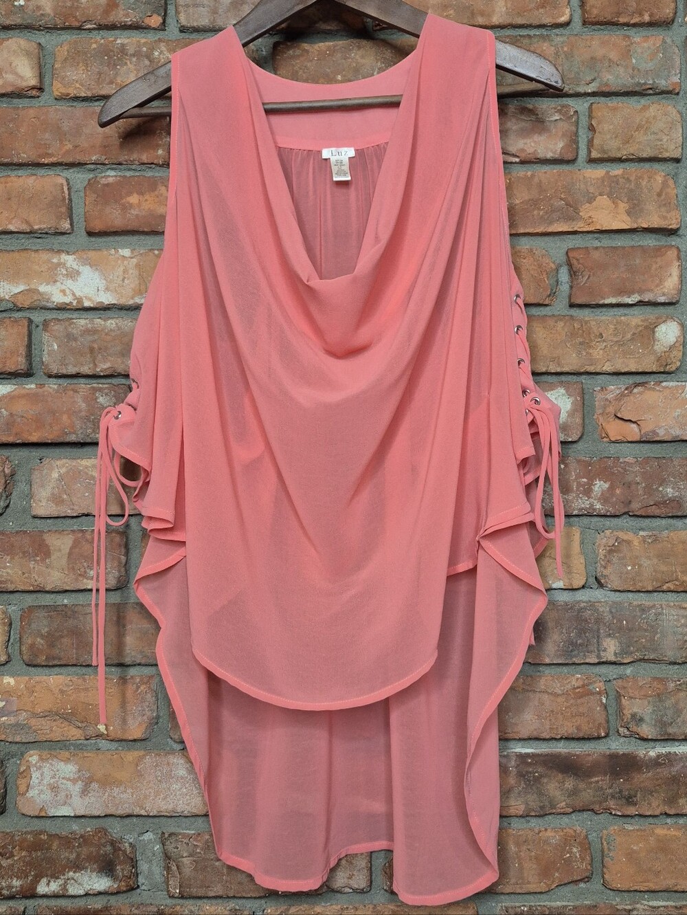 Luz Silk Blend Sheer Cowl Neck Draped Lace Up Handkerchief Blouse Tunic Top